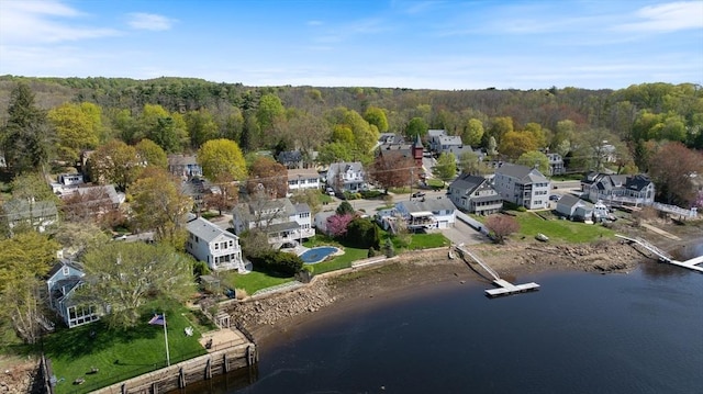 birds eye view of property with a water view, a view of trees, and a residential view
