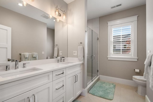 full bathroom featuring baseboards, visible vents, a sink, and a shower stall