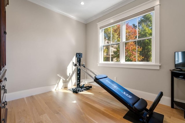 exercise room with ornamental molding, baseboards, and wood finished floors