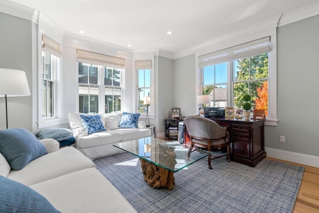 office featuring ornamental molding, recessed lighting, baseboards, and wood finished floors