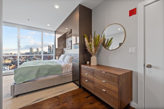 bedroom featuring expansive windows and dark hardwood / wood-style flooring