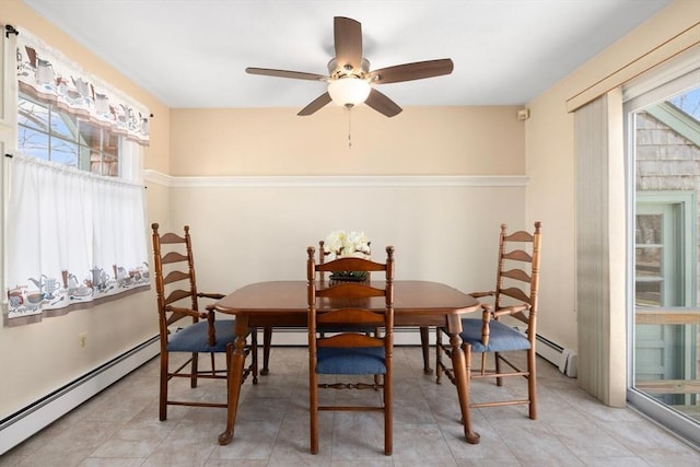 dining room with baseboard heating, light tile patterned flooring, and a ceiling fan