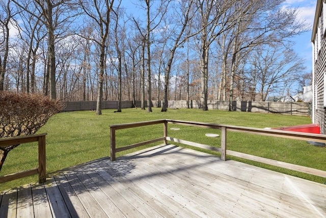 deck with a yard and a fenced backyard