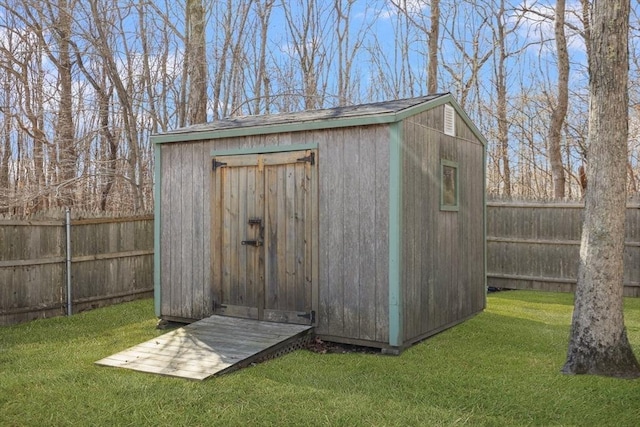 view of shed featuring a fenced backyard