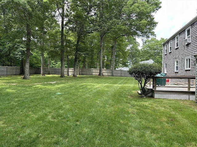 view of yard with a deck and a fenced backyard