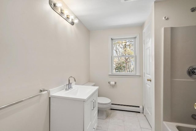 bathroom with walk in shower, tile patterned floors, toilet, baseboard heating, and vanity