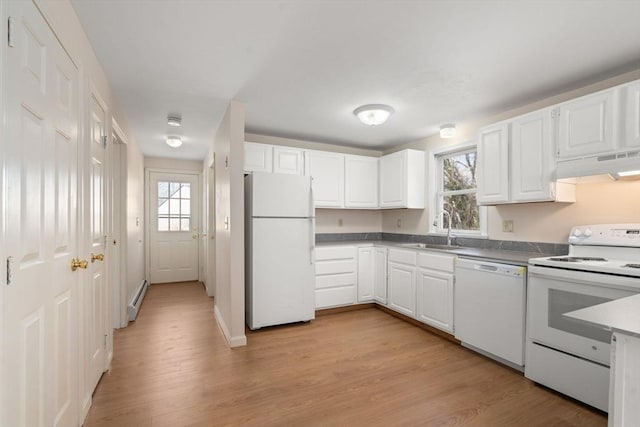 kitchen featuring white cabinetry, white appliances, sink, and a baseboard heating unit