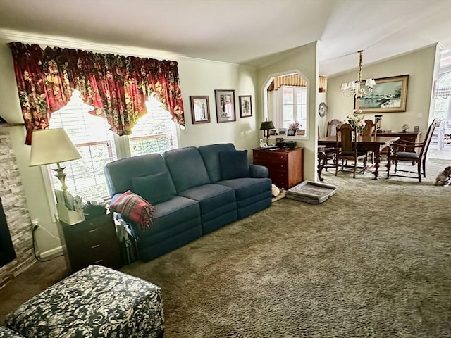 1408 Fox Run, Middleboro, MA 02346 - living room with carpet flooring, a chandelier, vaulted ceiling, arched walkways, and ornamental molding