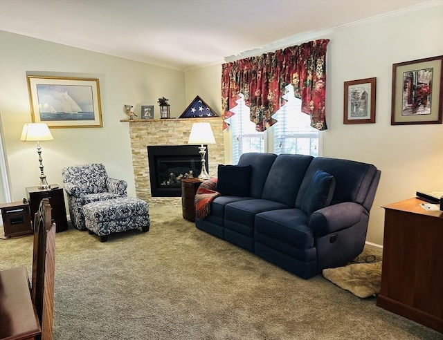 1408 Fox Run, Middleboro, MA 02346 - carpeted living area with crown molding and a stone fireplace