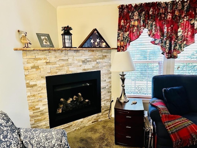 1408 Fox Run, Middleboro, MA 02346 - living area featuring ornamental molding, carpet, and a stone fireplace