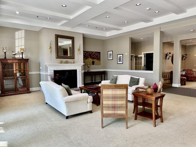 1408 Fox Run, Middleboro, MA 02346 - living area with light colored carpet, beam ceiling, recessed lighting, coffered ceiling, and a glass covered fireplace