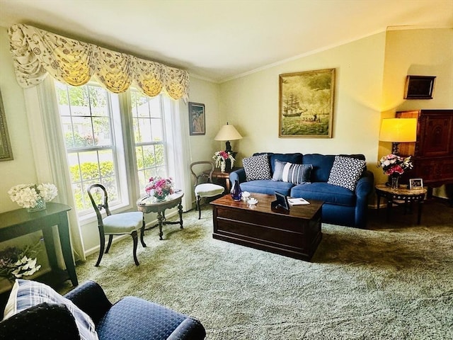 1408 Fox Run, Middleboro, MA 02346 - carpeted living room featuring ornamental molding and lofted ceiling