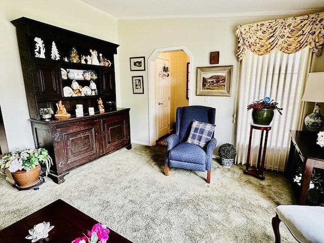 1408 Fox Run, Middleboro, MA 02346 - living area with carpet flooring, arched walkways, and crown molding