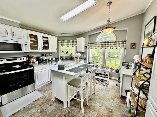 1408 Fox Run, Middleboro, MA 02346 - kitchen featuring white microwave, electric range, crown molding, white cabinets, and glass insert cabinets