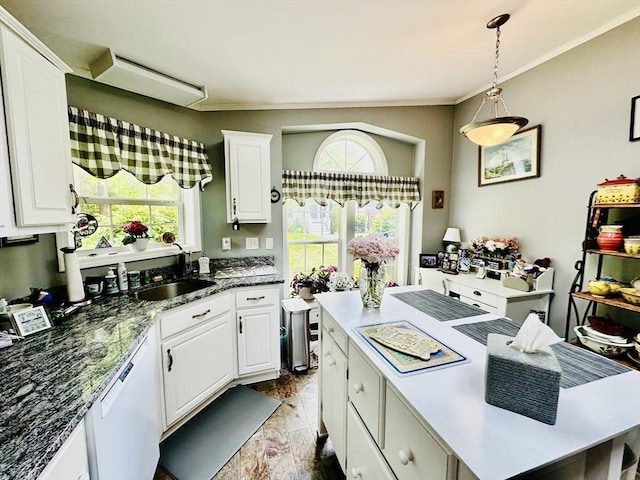 1408 Fox Run, Middleboro, MA 02346 - kitchen with ornamental molding, white cabinetry, a kitchen island, decorative light fixtures, and white dishwasher