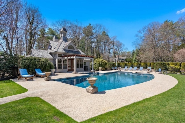 view of pool with a fenced in pool, a pergola, fence, a patio area, and a yard