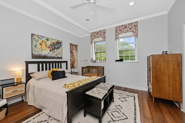 60 Glen Rd Unit 201, Brookline, MA 02445 - bedroom with wood finished floors, crown molding, baseboards, recessed lighting, and ceiling fan