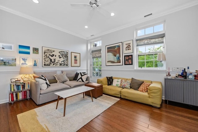 60 Glen Rd Unit 201, Brookline, MA 02445 - living room with radiator, ornamental molding, wood-type flooring, recessed lighting, and a ceiling fan
