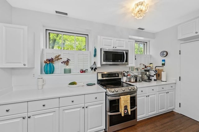 60 Glen Rd Unit 201, Brookline, MA 02445 - kitchen with stainless steel appliances, white cabinetry, light countertops, and dark wood-type flooring