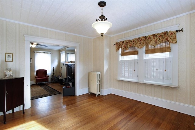 interior space featuring radiator, wood-type flooring, ornamental molding, and plenty of natural light