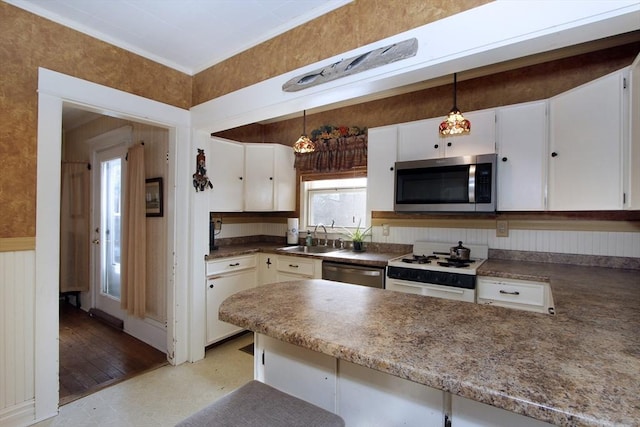 kitchen with hanging light fixtures, white cabinets, stainless steel appliances, and a sink