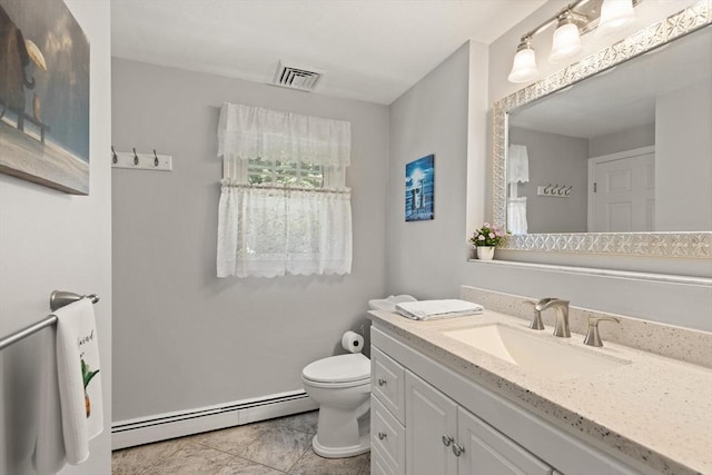 10 Lisa Ln, Reading, MA 01867 - bathroom with a baseboard heating unit, vanity, toilet, and tile patterned floors