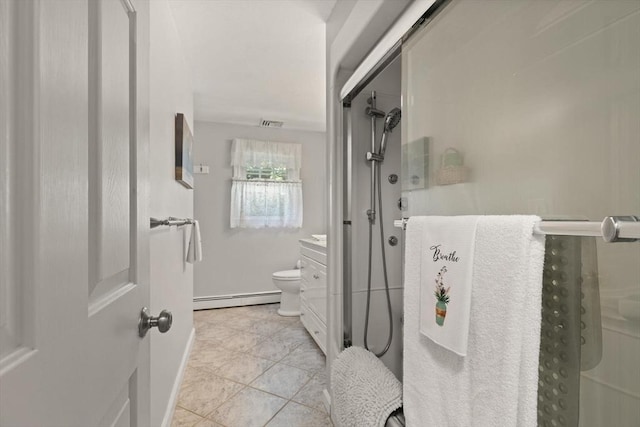10 Lisa Ln, Reading, MA 01867 - bathroom with a baseboard radiator, a shower, tile patterned flooring, and toilet