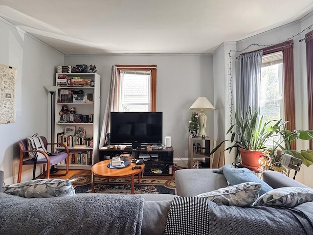 57 Bartlett St, Somerville, MA 02145 - living area featuring healthy amount of natural light, crown molding, and wood finished floors