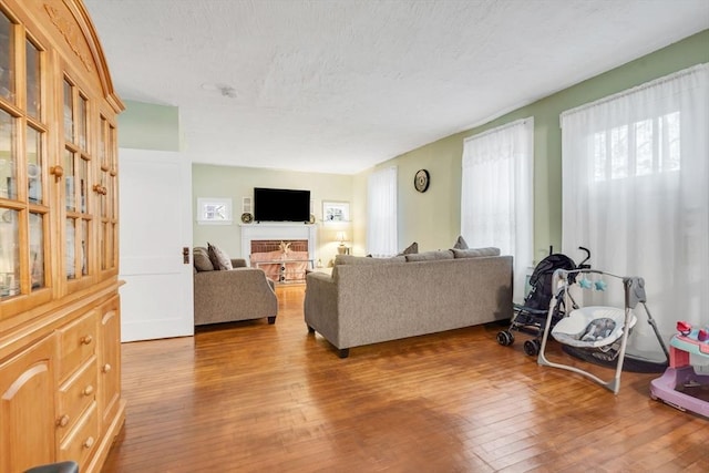 living room featuring a textured ceiling and wood finished floors