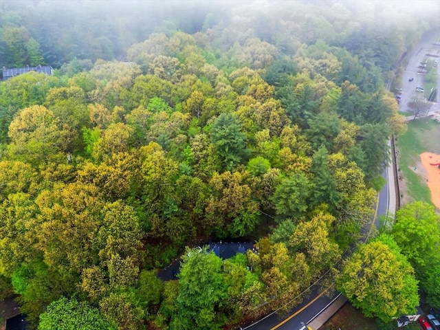 drone / aerial view featuring a wooded view