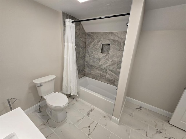 full bath with toilet, marble finish floor, baseboards, and shower / tub combo with curtain