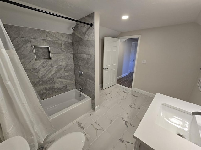 full bath featuring toilet, vanity, baseboards, marble finish floor, and shower / bathtub combination with curtain