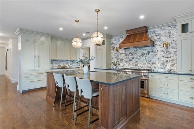 197-199 Winchester St, Brookline, MA 02446 - kitchen with stainless steel range, custom exhaust hood, a center island, dark wood-style flooring, and a kitchen breakfast bar