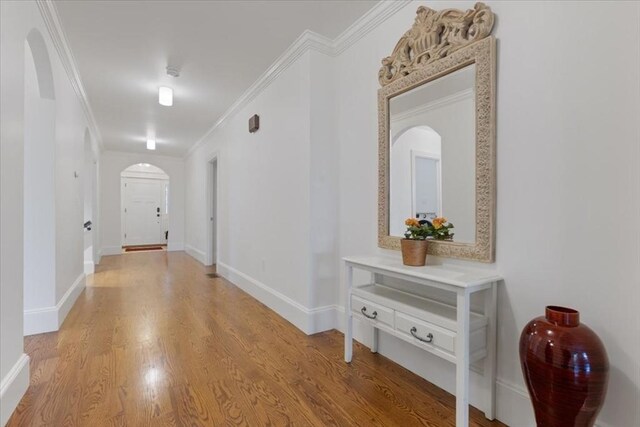 197-199 Winchester St, Brookline, MA 02446 - hall with arched walkways, ornamental molding, light wood-style flooring, and baseboards