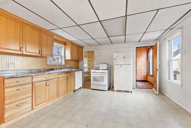 kitchen featuring sink, a paneled ceiling, and white appliances