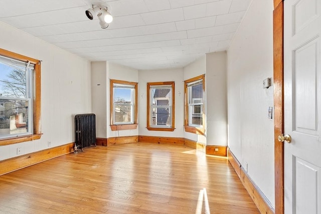 unfurnished room with radiator heating unit, light hardwood / wood-style floors, and plenty of natural light