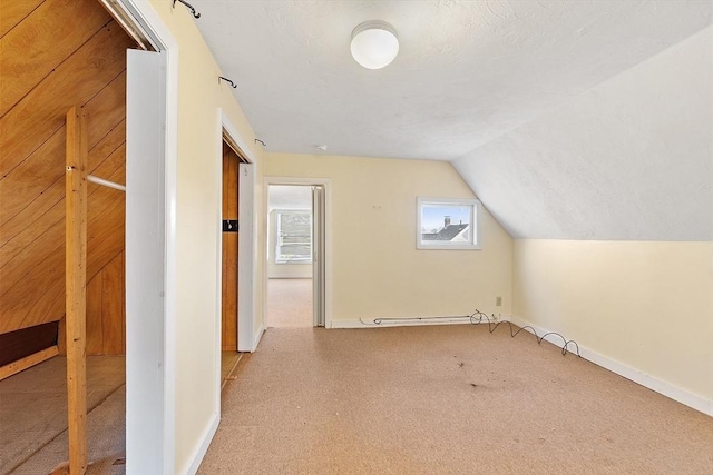 additional living space featuring lofted ceiling and carpet