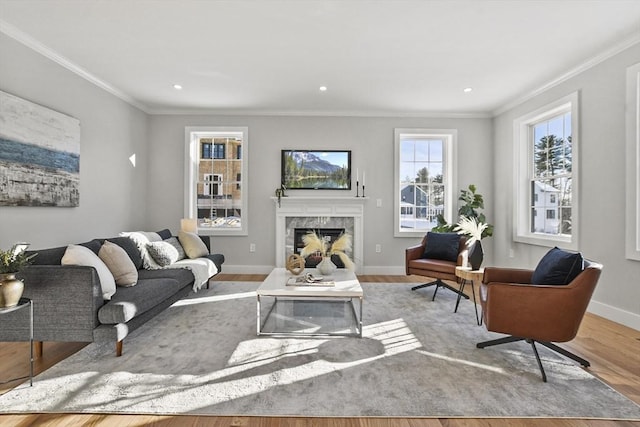 living room featuring light wood-type flooring, ornamental molding, and a fireplace