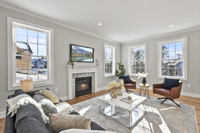 living room with hardwood / wood-style flooring, a high end fireplace, ornamental molding, and a healthy amount of sunlight