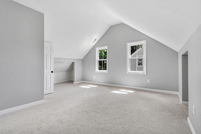 additional living space featuring light carpet and vaulted ceiling