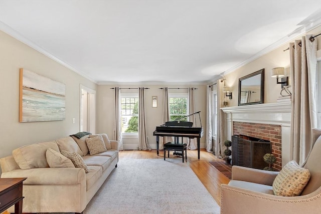 74 Charter Rd, Acton, MA 01720 - living area featuring a fireplace, wood finished floors, and crown molding