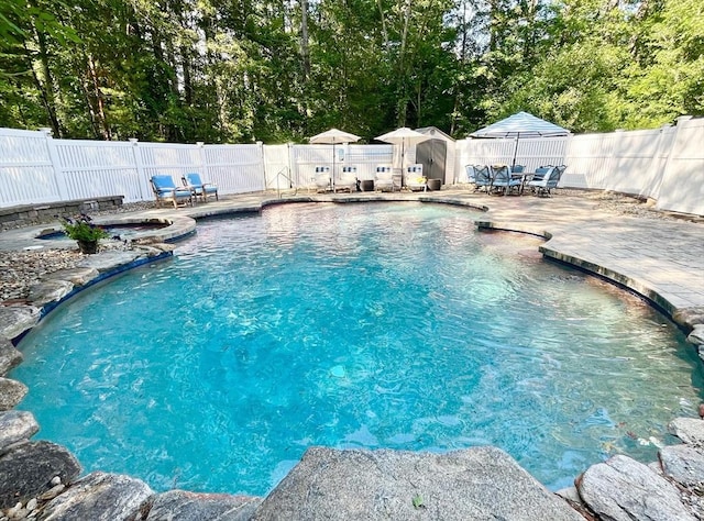 74 Charter Rd, Acton, MA 01720 - view of pool with a fenced backyard, a patio area, outdoor dining area, and a pool with connected hot tub