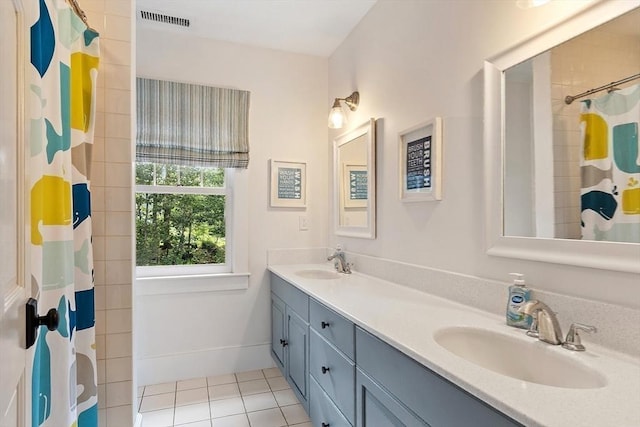74 Charter Rd, Acton, MA 01720 - bathroom with tile patterned flooring, double vanity, and a shower with curtain