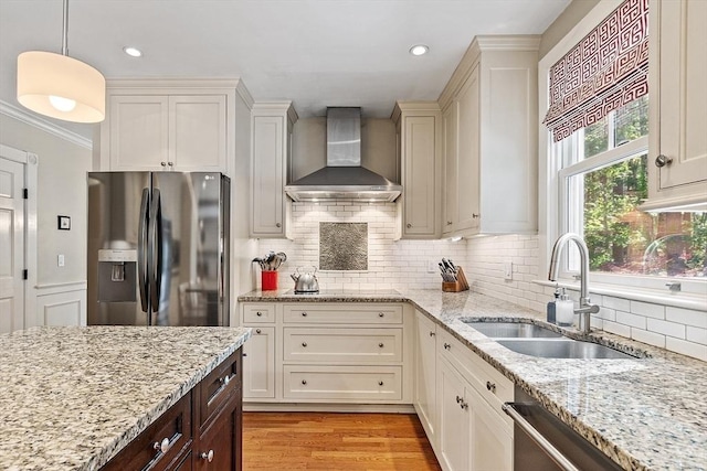 74 Charter Rd, Acton, MA 01720 - kitchen with wall chimney exhaust hood, refrigerator with ice dispenser, backsplash, dishwasher, and light stone countertops