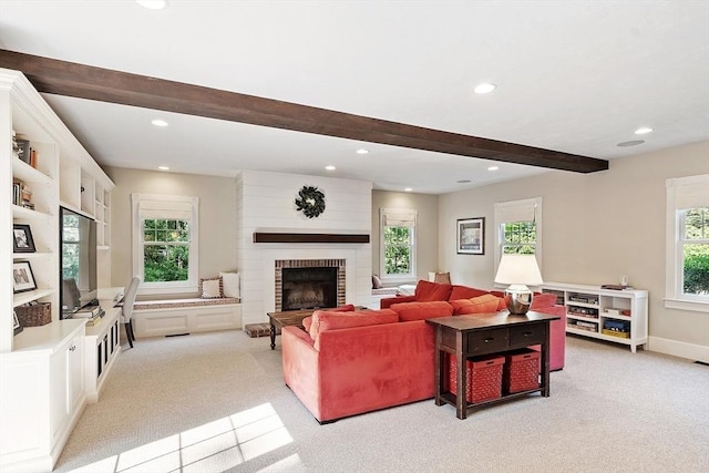 74 Charter Rd, Acton, MA 01720 - living room featuring light carpet, beam ceiling, recessed lighting, and a fireplace
