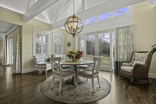 dining room with high vaulted ceiling, dark hardwood / wood-style floors, a chandelier, french doors, and beamed ceiling