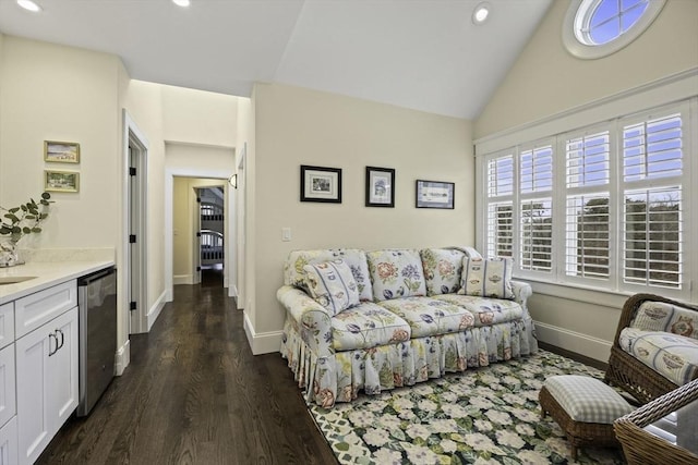 living room with dark wood-type flooring and lofted ceiling