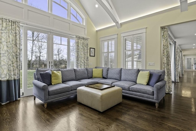 living room with ornamental molding, high vaulted ceiling, dark hardwood / wood-style floors, and beamed ceiling