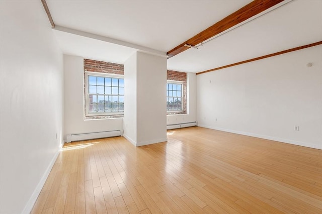 spare room featuring a baseboard radiator, baseboards, beamed ceiling, and light wood finished floors