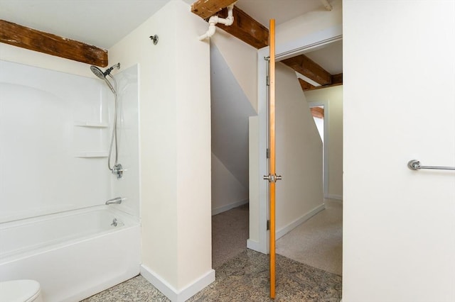 full bathroom featuring baseboards, shower / bath combination, beam ceiling, and toilet